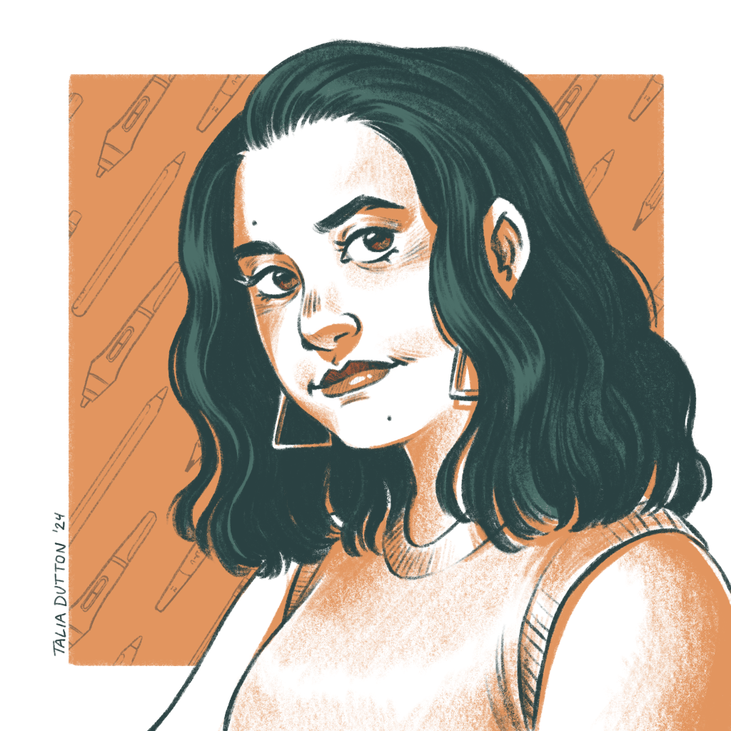 Illustrated portrait of Talia in blue, orange, and turquoise. Behind her is an orange square with a pattern of apple pencils, tablet pens, paintbrushes, and pencils.